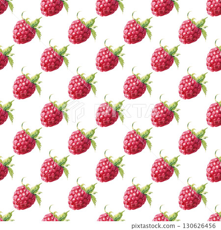 Raspberry seamless watercolor pattern with juicy berries and delicate leaves. White background design for summer branding and packaging projects 130626456