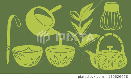 Retro matcha tea element set with teapot, sprout, cups, whisk, and bamboo spoon in green. Perfect for tea brands, cafes, designers, and packaging. 130626458