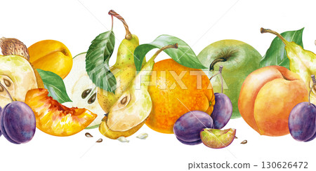 The multifruit seamless border is hand-drawn. Watercolor illustration with seasonal fruits on a white background. Apples, pears, oranges, plums, peaches and apricots. A template for menus, proper The multifruit seamless border is hand-drawn. Watercolor illustration with seasonal fruits on a white background. Apples, pears, oranges, plums, peaches and apricots. A template for menus, proper 130626472