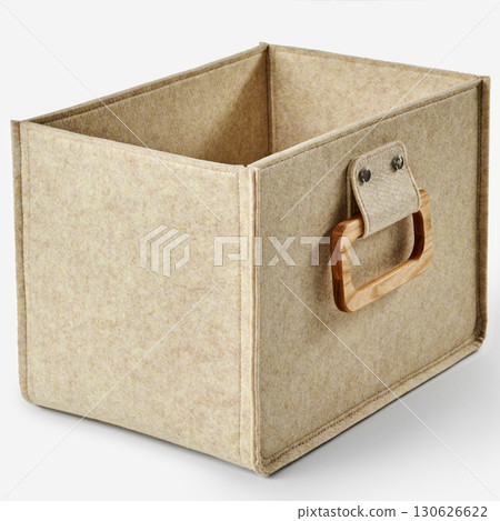Empty beige felt storage box with wooden handle on white background 130626622