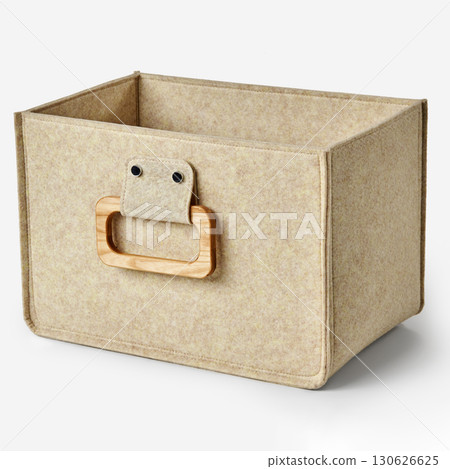 Empty beige felt storage box with wooden handle on white background 130626625