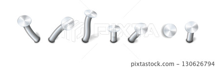 Nails hammered into wall steel straight and bent metal hardware spikes. Hobnails with grey caps top view isolated on transparent background. Vector Nails hammered into wall steel straight and bent metal hardware spikes. Hobnails with grey caps top view isolated on transparent background. Vector 130626794