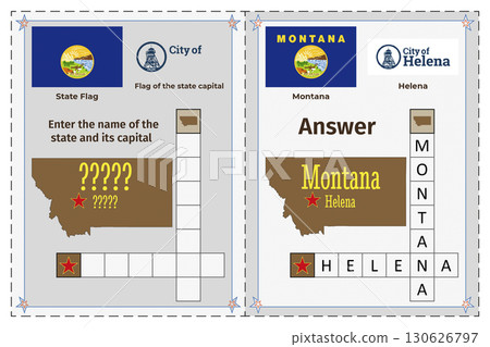 Geography of the USA for children. Question and answer. Flags, names, outline of the state and capital of Montana. Crossword illustration. 130626797