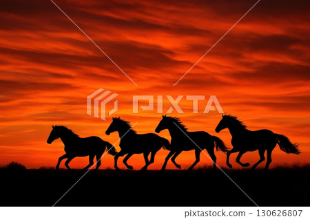Horses galloping across a silhouette against a vibrant sunset sky in a tranquil landscape Horses galloping across a silhouette against a vibrant sunset sky in a tranquil landscape 130626807
