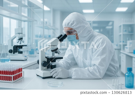 Scientist conducts research in a laboratory setting, using a microscope to analyze samples while wearing protective gear 130626813