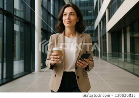 Professional woman carrying coffee and smartphone in modern office building during daytime 130626815