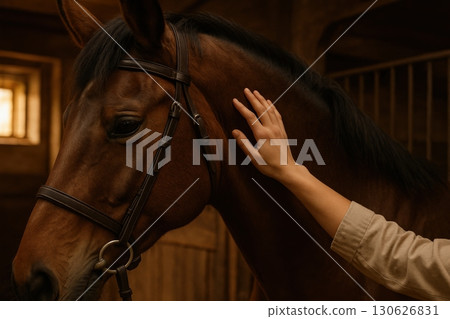 Close interaction between a person and a horse in a stable during the late afternoon 130626831