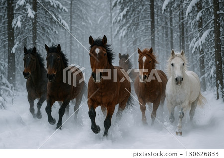 Horses running through deep snow in a serene forest surrounded by tall trees during a winter day Horses running through deep snow in a serene forest surrounded by tall trees during a winter day 130626833