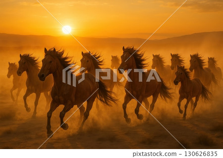 Wild horses galloping across a dusty landscape during sunset capturing the essence of freedom and nature's beauty 130626835