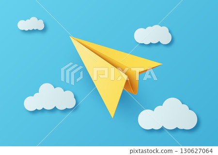 Realistic Yellow Paper Airplane Flying in Blue Sky Background. Conceptual Flight Illustration. Vector Artwork. Creative Aviation Design. Sky Scene with Paper Plane. Vector Illustration 130627064