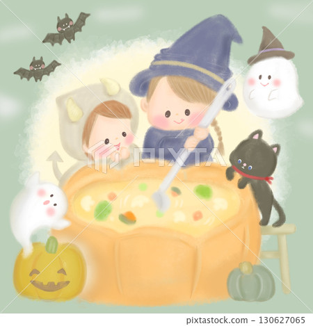 Kids making pumpkin soup for Halloween 130627065