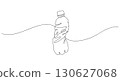 Used PET bottle on waves. Crushed plastic bottle floating in water. One line drawing illustration of crumpled trash. Vector illustration representing ecology and environmental pollution concept 130627068