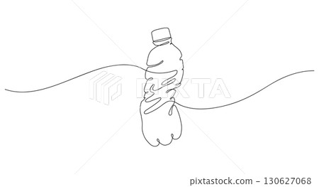 Used PET bottle on waves. Crushed plastic bottle floating in water. One line drawing illustration of crumpled trash. Vector illustration representing ecology and environmental pollution concept 130627068