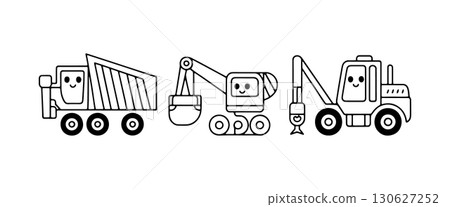 Construction vehicles with smiling faces working together at a busy site during daylight hours Construction vehicles with smiling faces working together at a busy site during daylight hours 130627252