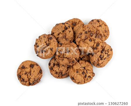Chocolate chips cookies isolated, American biscuits, cocoa confectionery cake, sweet morsels bakery 130627260