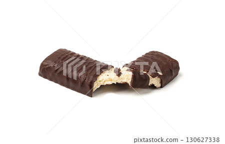 Protein bar isolated, chocolate energy paleo snack, healthy cereal nutrition with nuts, fruits, muesli 130627338