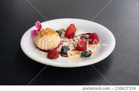 Fruit mochi rice cake, white daifuku, Japanese traditional dessert, round wagashi, asian candy 130627339