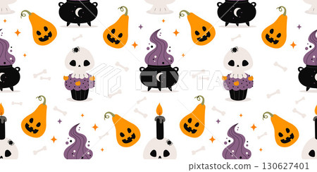 Magic Halloween Seamless pattern. Spooky cauldron with potion smoke, Pumpkin jack o lantern and Creepy cupcake with skull on white background. Vector illustration. Horizontal festive Template. Not AI 130627401