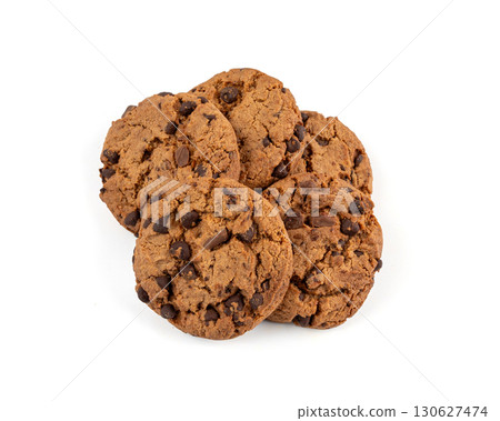 Chocolate chips cookies isolated, American biscuits, cocoa confectionery cake, sweet morsels bakery Chocolate chips cookies isolated, American biscuits, cocoa confectionery cake, sweet morsels bakery 130627474