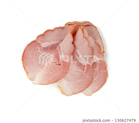 Baked Pork Slices Isolated, Roasted Sliced Loin, Tenderloin Ham Pieces, Boiled Meat Fillet Cuts Baked Pork Slices Isolated, Roasted Sliced Loin, Tenderloin Ham Pieces, Boiled Meat Fillet Cuts 130627479