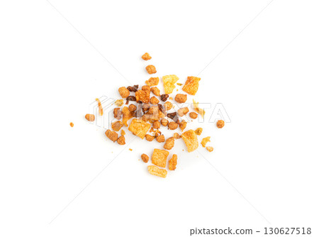 Dried vegetables mix with carrots, onion, parsnip and soy meat isolated. Dry food pieces for instant noodles Dried vegetables mix with carrots, onion, parsnip and soy meat isolated. Dry food pieces for instant noodles 130627518