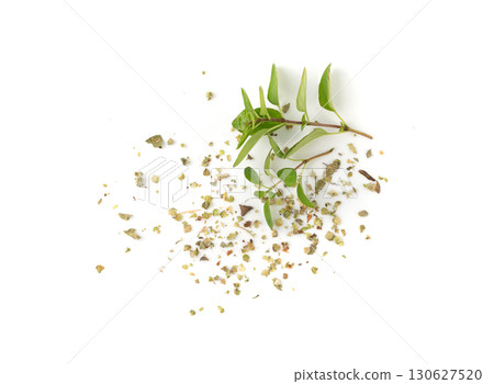 Dry thyme isolated, dried marjoram, oregano pile, ground crushed thyme seasoning, thyme leaves 130627520