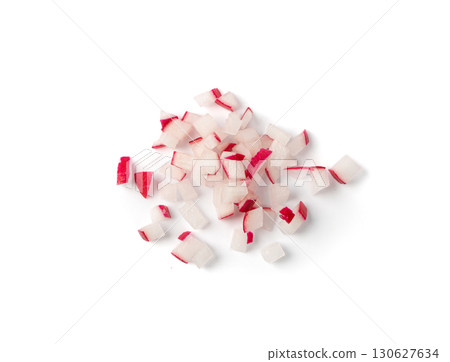 Chopped Radis Roots Isolated, Red Radish Root Cuts, Diced Red Radishes Pile, Sliced Radis on White Background 130627634