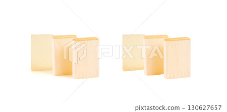 Hotel soap in a package isolated, hand made travel body care cosmetic, hotel shampoo kit 130627657
