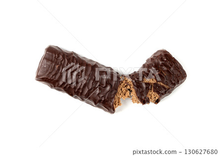 Protein bar isolated, chocolate energy paleo snack, healthy cereal nutrition with nuts, fruits, muesli Protein bar isolated, chocolate energy paleo snack, healthy cereal nutrition with nuts, fruits, muesli 130627680