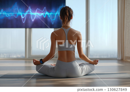 Concept of measuring vital signs with smart bracelet. Woman doing yoga at home. Heartbeat rhythm is displayed on digital screen. Healthcare technology. 130627849