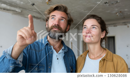 Smiling couple inspecting unfinished interior of new home during renovation process 130628086