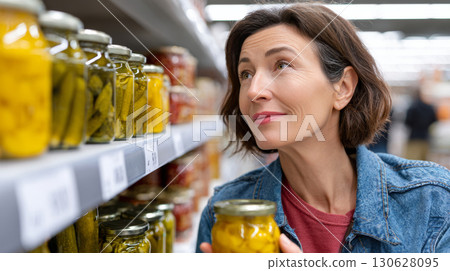 Middle aged woman choosing pickled vegetables in glass jars on grocery store shelf Middle aged woman choosing pickled vegetables in glass jars on grocery store shelf 130628095