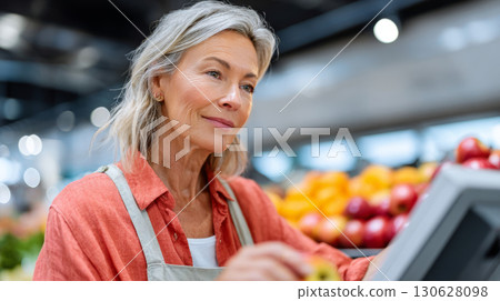 Senior woman cashier scanning items at checkout counter in grocery store 130628098