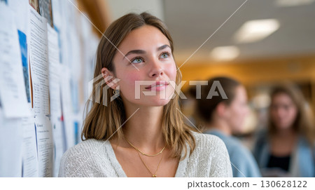 Young woman standing near a bulletin board in university hallway looking thoughtful 130628122
