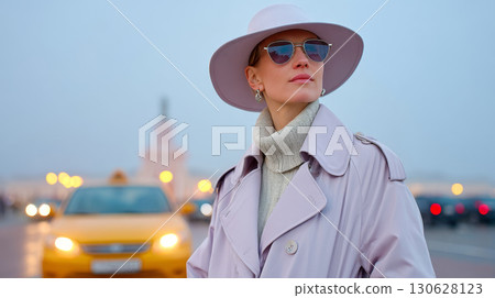 Stylish woman wearing lavender trench coat and wide-brim hat standing in city street with yellow taxi in background 130628123