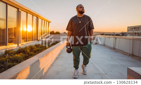 Plus-size South Asian man training with kettlebell on rooftop at sunset for outdoor fitness session 130628134