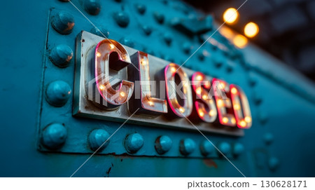 Close-up of a vintage metal CLOSED sign with glowing lights on a riveted teal surface Close-up of a vintage metal CLOSED sign with glowing lights on a riveted teal surface 130628171