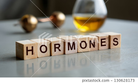 Wooden cubes spelling hormones placed on reflective table near health and fitness objects 130628173
