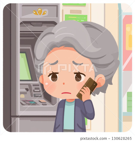 Illustration for a poster warning about bank transfer fraud: An elderly woman operating an ATM while talking on her smartphone 130628265