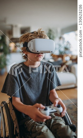 Teenager in wheelchair enjoying virtual reality gaming experience, highlighting accessible tech and inclusive play Teenager in wheelchair enjoying virtual reality gaming experience, highlighting accessible tech and inclusive play 130628286