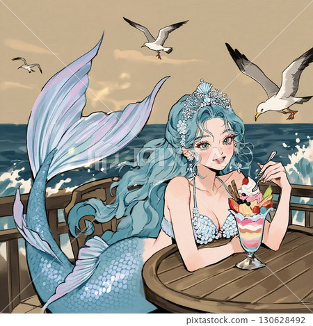 美人魚在船上享用她最喜歡的凍糕 130628492
