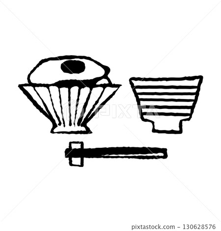 Illustration of rice with fried egg and miso soup (black) 130628576