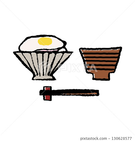 Illustration of rice with fried egg and miso soup (color) Illustration of rice with fried egg and miso soup (color) 130628577