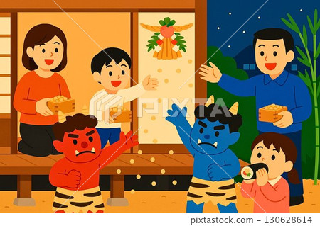 一家人享受節分撒豆和惠方卷的插圖 一家人享受節分撒豆和惠方卷的插圖 130628614