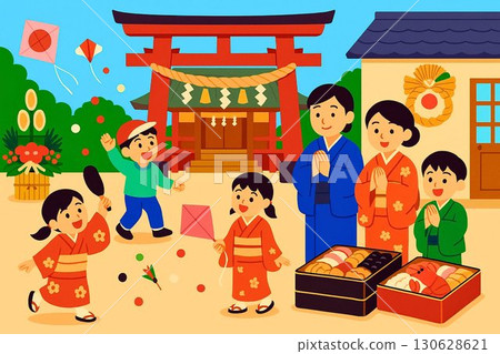 Illustration of a family enjoying New Year's first shrine visit, Kadomatsu, New Year's cuisine, and games 130628621