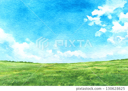 藍天和草地的夏季風景插圖（水彩風格，清爽的背景） 130628625