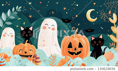 A fun illustration of a Halloween pumpkin, black cat, and ghost 130628656