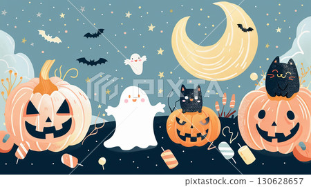 鬼魂、南瓜和黑貓的可愛萬聖節插圖 130628657