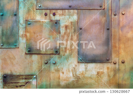 Abstract industrial background of rusty metal plates with bolts and textured surface. Concept of grunge design, urban texture, industrial construction background, copy space 130628667