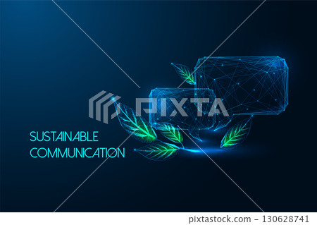 Sustainable digital communication concept with green leaves and speech bubbles on blue background Sustainable digital communication concept with green leaves and speech bubbles on blue background 130628741